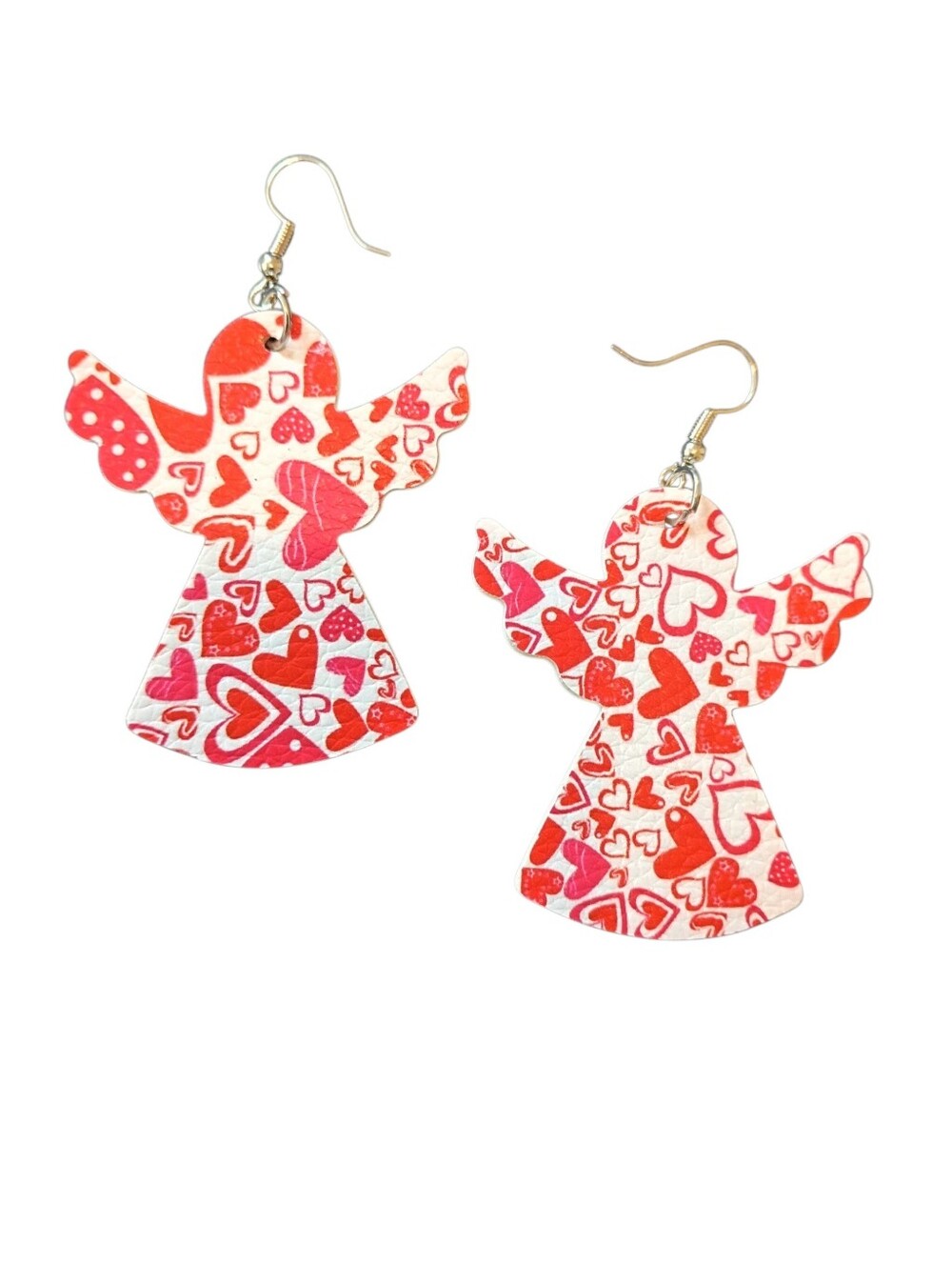 angel earrings red white heart pattern faux leatherette dangle drop festive wing